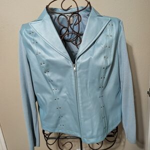 Vintage Peter Nygard Leather and knited sleeves studded Jacket - light teal blue